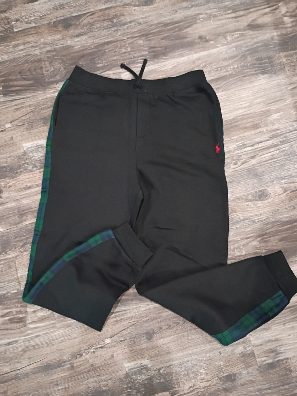 Polo by Ralph Lauren Black Jogger Pants with Green Plaid Trim Size XL New
